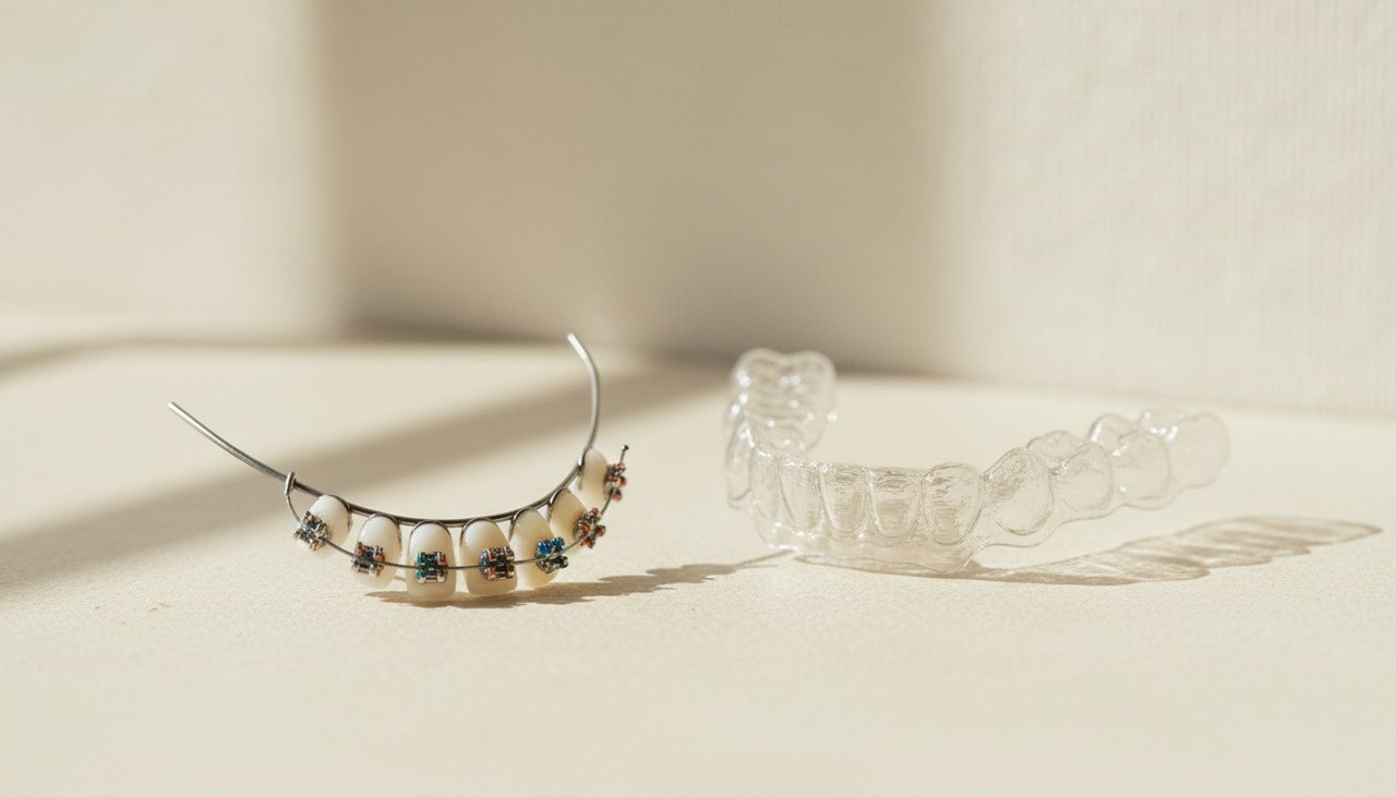 ワイヤー矯正とマウスピース矯正の装置比較イメージ